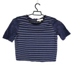 Womens Navy Ann Taylor Loft Striped Crop Top Lace Sleeves Round Neck Size M